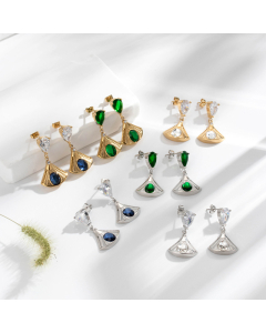 Wholesale Light Luxury French Temperament Delicate Fan-Shaped Pendant Stainless Steel Water Drop Zircons Earrings