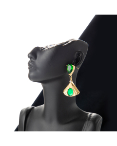 Wholesale Light Luxury French Temperament Delicate Fan-Shaped Pendant Stainless Steel Water Drop Zircons Earrings-Gold Color-Green
