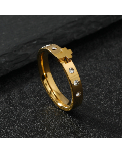 Gold Color Fashion Non-fading Diamond Inlaid 3D Cross Stainless Steel Ring