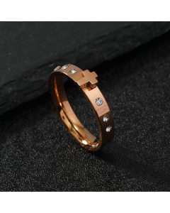 Rose Gold Color Fashion Non-fading Diamond Inlaid 3D Cross Stainless Steel Ring