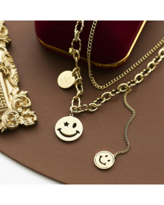 Smiley Pendant Double Chain Stainless Steel Necklace