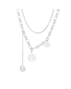 Smiley Pendant Double Chain Stainless Steel Necklace-Steel Color
