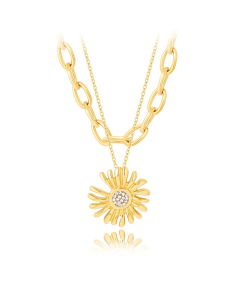Double Layer Diamond Daisy Stainless Steel Necklace In Gold Color CA7810115