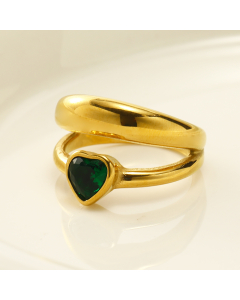 Elegant Double Layer Inset Green Heart Shaped Zircon 18K Gold Plated Stainless Steel Ring Wholesale