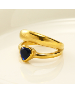 Elegant Double Layer Inset Blue Heart Shaped Zircon 18K Gold Plated Stainless Steel Ring Wholesale