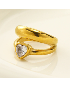 Elegant Double Layer Inset White Heart Shaped Zircon 18K Gold Plated Stainless Steel Ring Wholesale