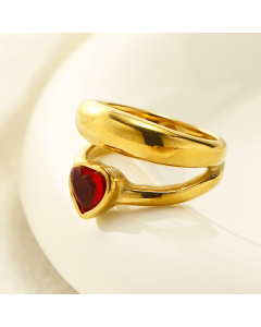 Elegant Double Layer Inset Red Heart Shaped Zircon 18K Gold Plated Stainless Steel Ring Wholesale