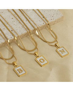 Double Layer Initial Letter Necklace Inlaid Square White Shell Pendant Necklace CA7810210