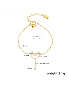 Double-layer Moon Star Fringe Necklace Bracelet Wholesale Stainless Steel Jewelry Set-Gold Color-03
