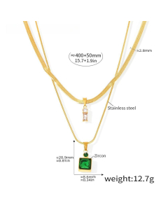 Green Square Zircon Stacked Necklace Stainless Steel Double Layer Blade Chain 