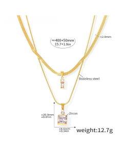 White Square Zircon Stacked Necklace Stainless Steel Double Layer Blade Chain 