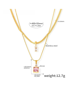 Pink Square Zircon Stacked Necklace Stainless Steel Double Layer Blade Chain 