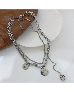 Double Layer Star And Smiling Face 316L Stainless Steel Necklace For Women Steel Color Durable