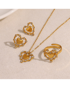 Simple French Style Hollow Out Smooth Double Love With Diamond Necklace Earrings Ring Wholesale Stainless Steel Fine Jewelry Sets