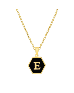 E Initial Letter Hexagon Shape Charms Inlaid Black Shell Necklace CA7810219