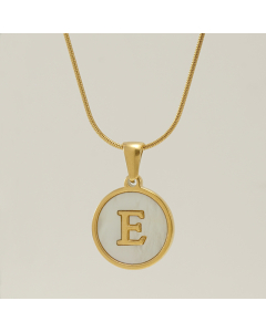 E Initial Letter Snake Chain Necklace With White Shell Round Charms CA7810223