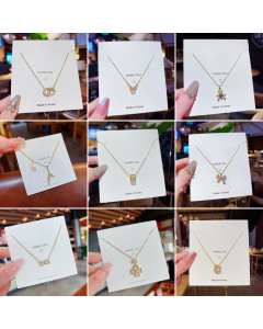 Refined Full Diamond Bowknot Bear Pendant Stainless Steel Necklace Colorza