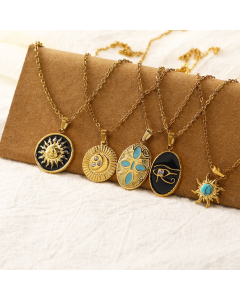 Wholesale Women's Niche Fashion Retro Enamel Sun Oval Round Pendant 18k Gold Titanium Steel Necklace