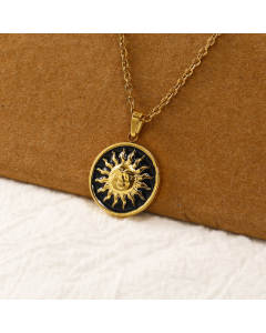 Fine Jewelry Enamel Sun Oval Round Pendant 18k Gold Titanium Steel Necklace