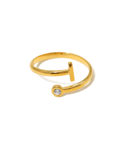 Electroplated Gold Non-fading English Letter I Open Ring Diamond Inlaid Stainless Steel Ring