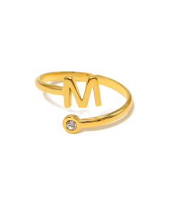 Electroplated Gold Non-fading English Letter M Open Ring Diamond Inlaid Stainless Steel Ring