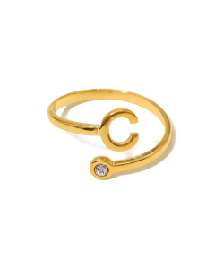 Electroplated Gold Non-fading English Letter C Open Ring Diamond Inlaid Stainless Steel Ring