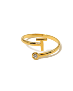 Electroplated Gold Non-fading English Letter T Open Ring Diamond Inlaid Stainless Steel Ring