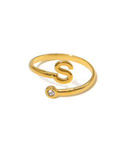 Electroplated Gold Non-fading English Letter S Open Ring Diamond Inlaid Stainless Steel Ring