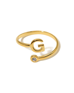 Electroplated Gold Non-fading English Letter G Open Ring Diamond Inlaid Stainless Steel Ring
