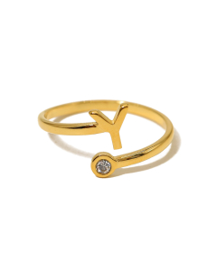 Electroplated Gold Non-fading English Letter Y Open Ring Diamond Inlaid Stainless Steel Ring