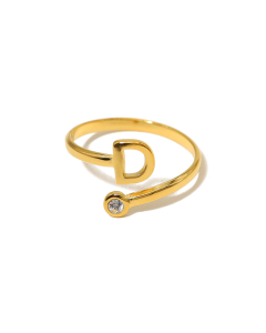 Electroplated Gold Non-fading English Letter D Open Ring Diamond Inlaid Stainless Steel Ring