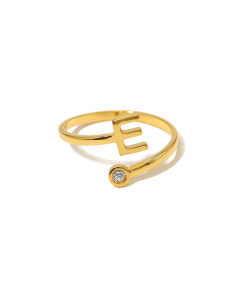 Electroplated Gold Non-fading English Letter E Open Ring Diamond Inlaid Stainless Steel Ring