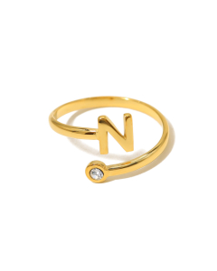 Electroplated Gold Non-fading English Letter N Open Ring Diamond Inlaid Stainless Steel Ring