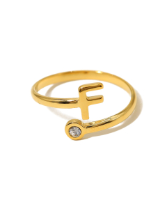 Electroplated Gold Non-fading English Letter F Open Ring Diamond Inlaid Stainless Steel Ring