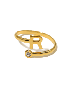 Electroplated Gold Non-fading English Letter R Open Ring Diamond Inlaid Stainless Steel Ring