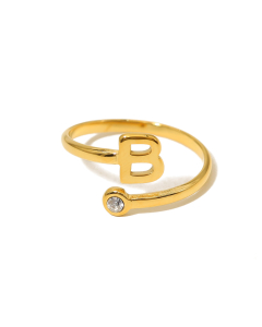 Electroplated Gold Non-fading English Letter B Open Ring Diamond Inlaid Stainless Steel Ring