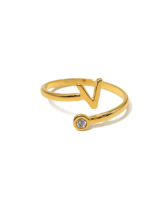 Electroplated Gold Non-fading English Letter V Open Ring Diamond Inlaid Stainless Steel Ring