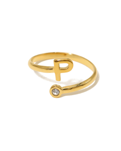 Electroplated Gold Non-fading English Letter P Open Ring Diamond Inlaid Stainless Steel Ring