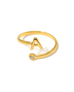 Electroplated Gold Non-fading English Letter A Open Ring Diamond Inlaid Stainless Steel Ring