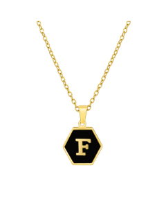 F Initial Letter Hexagon Shape Charms Inlaid Black Shell Necklace CA7810219