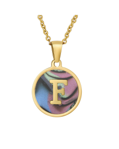 F Initial Letter Round Disc Necklace Inlaid Colorful Shell CA7810204