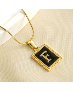 F Initial Name Stainless Steel Necklace With Square Black Shell Tag CA7810221