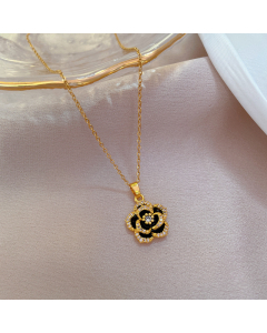 Fashion Titanium Steel Full Diamond Black Camellia Necklace CA7810168