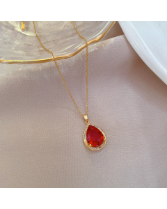 Fashion Titanium Steel Necklace With Red Stone Pendant Inlaid Mini Diamond CA7810139