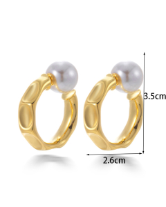 Wholesale Stainless Steel Earrings Fashion With Geometry Pearl Pendant Earrings -Gold Color-01