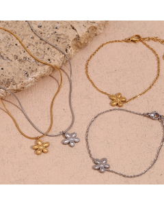 Wholesale Stainless Steel Plated 18K Gold Thin Snake Chain Fashion Temperament Flower Pendant Necklace Bracelet