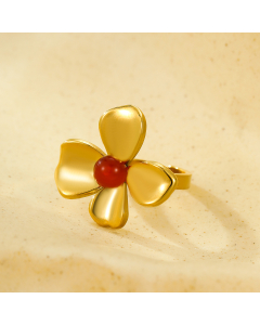 Red Natural Stone Inlaid Flower Stainless Steel Ring 