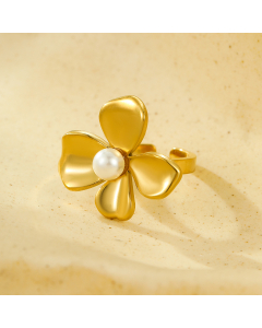 White Natural Stone Inlaid Flower Stainless Steel Ring 