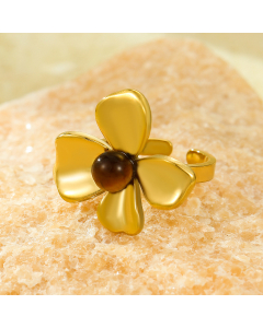 Brown Natural Stone Inlaid Flower Stainless Steel Ring 