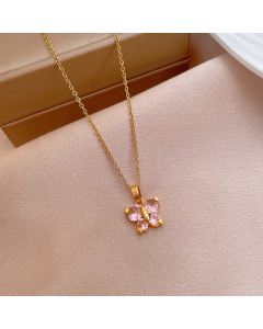 Flutter Charms With Pink Zircon And Stainless Steel Necklace CA7810169